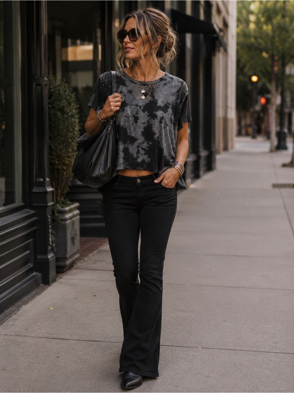 🛍️Washed Black & Gray Tie Dye Short Sleeve Tee with Sharkbite Hem